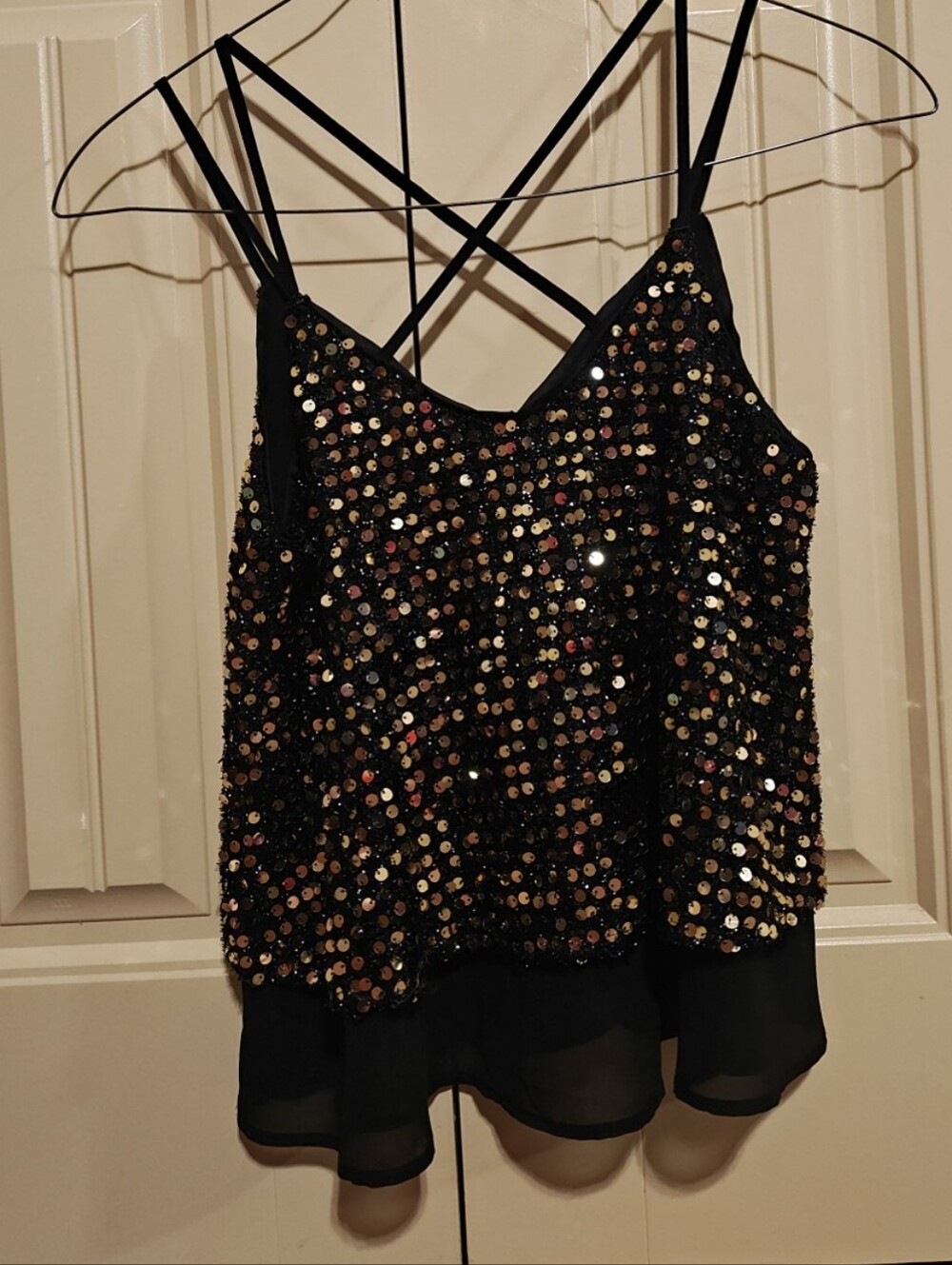 She + Sky Black Sequin Strappy Camisole with Gold Accents